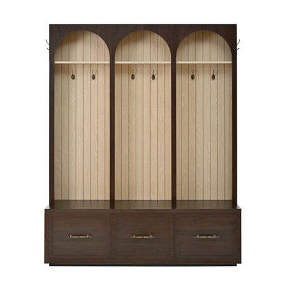 Euroco Farmhouse Wooden Style Hall Tree with Arched Design, Elegant 59" Wide Entryway Bench with 8 Retro Hooks, Rustic Coat Rack & Shoe Organizer with 3 Drawers for Mudroom, Living Room, Dark Walnut