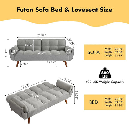 Mydepot Convertible Futon Sofa Bed, Adjustable Couch Sleeper Modern Fabric Recliner Reversible Loveseat Folding Daybed Guest Bed, Armrests, Yellow