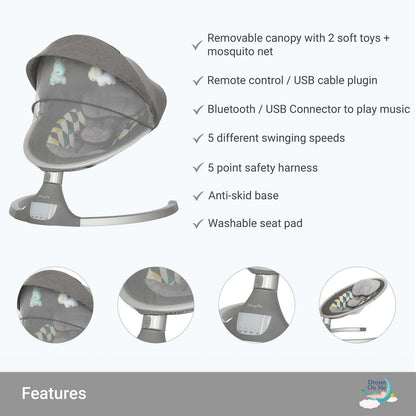 Dream On Me Zazu Baby Swing. Baby Swing for Infant. 5 - Swinging Speed. Two Attached Toys. Bluetooth Enabled and Remote Control. Grey and Blue