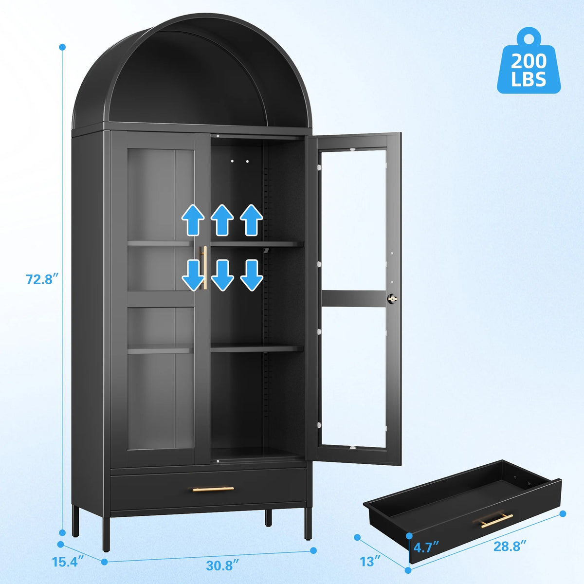 SUPEER Metal Arched Storage Display Cabinet with Glass Doors and Adjustable Shelves, Lockable Cabinet, Assembly Required, Black