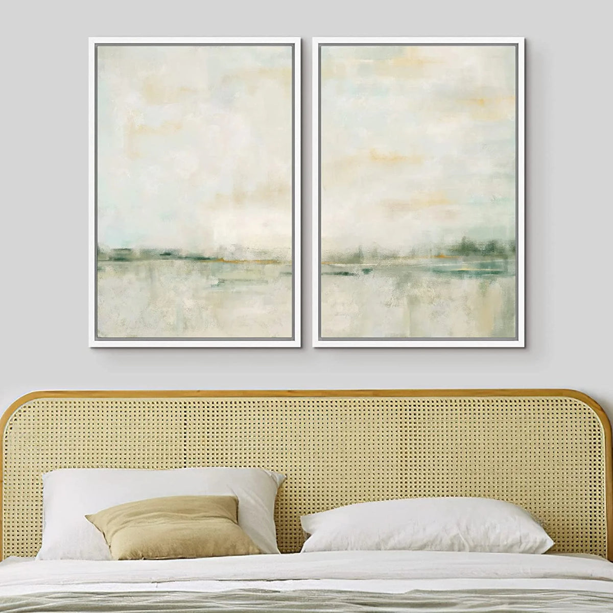 IDEA4WALL Framed Canvas Print Wall Art Set of 2 Watercolor Pastel Duotone Tan Landscape Abstract Modern Art Multicolor Contemporary Artwork for Bedroom, Office - 16"x24"x2 Panels Natural