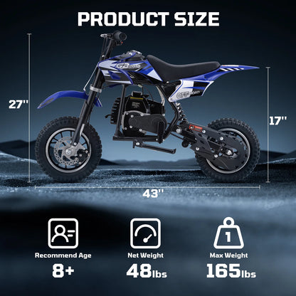 49cc Dirt Bike for Kids, Tcdjtc Gas Dirt Bike with 27 Miles Max Range, Kids Dirt Bike with 18 MPH Max Speed, Gas Powered Dirt Bike with 132 LBS Capacity, Mini Motorcycles for Kids, Gas Mini Bike