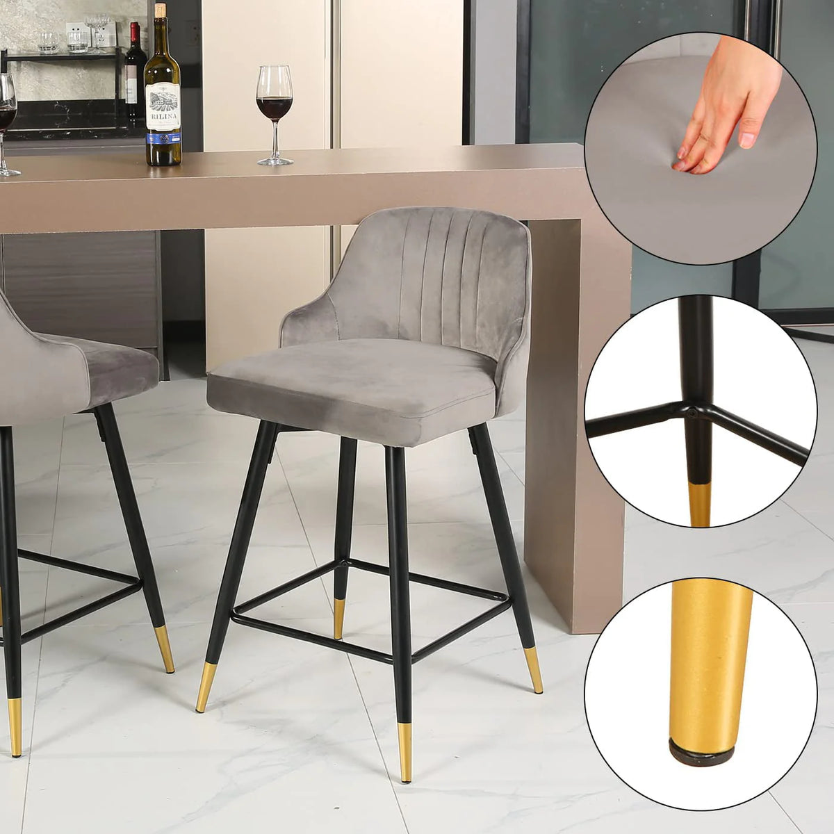 EiweLive 25'' Swivel Bar Stools with Back Set of 4, Gray Velvet Counter Height Stools for Kitchen Island, Pub