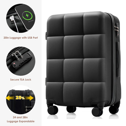 3 Piece Luggage Set , 20/24/28 inches Suitcase Set , ABS Hardshell Expandable Luggage Sets with TSA Lock,20-inch with USB Port, Carry On Luggage for Men Women, Pink