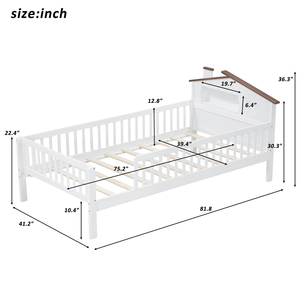 Euroco Wood Twin Size Platform Bed, House Bed with LED Light and Storage, White