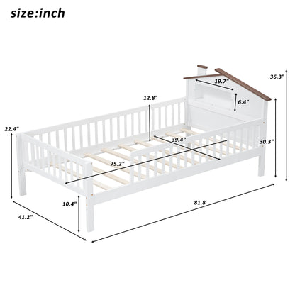 Euroco Wood Twin Size Platform Bed, House Bed with LED Light and Storage, White