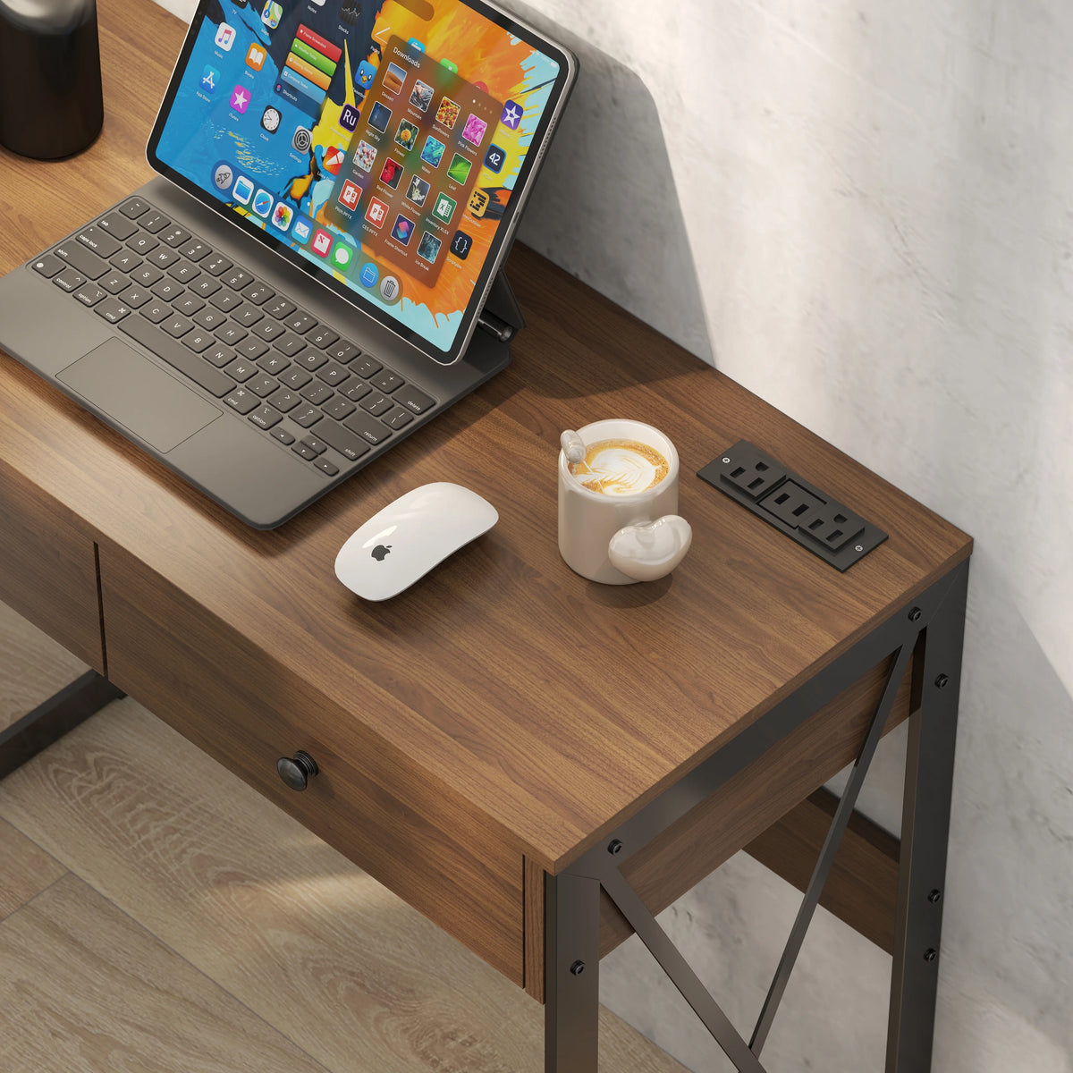 Manxile Fluted Computer Desk with USB Ports & Power Outlet, Modern White Study Table with Drawers