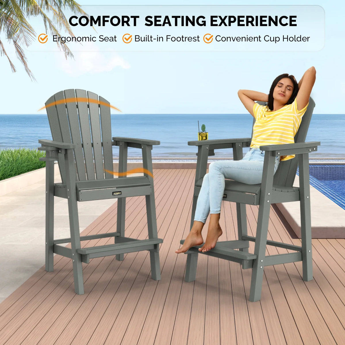 UBesGoo Tall Adirondack Chairs,HDPE All Weather Poly Lumber with Cup Holder,Outdoor Bar Stools with Wide Armrest for Outdoor Deck Lawn Pool Backyard,Lake Blue