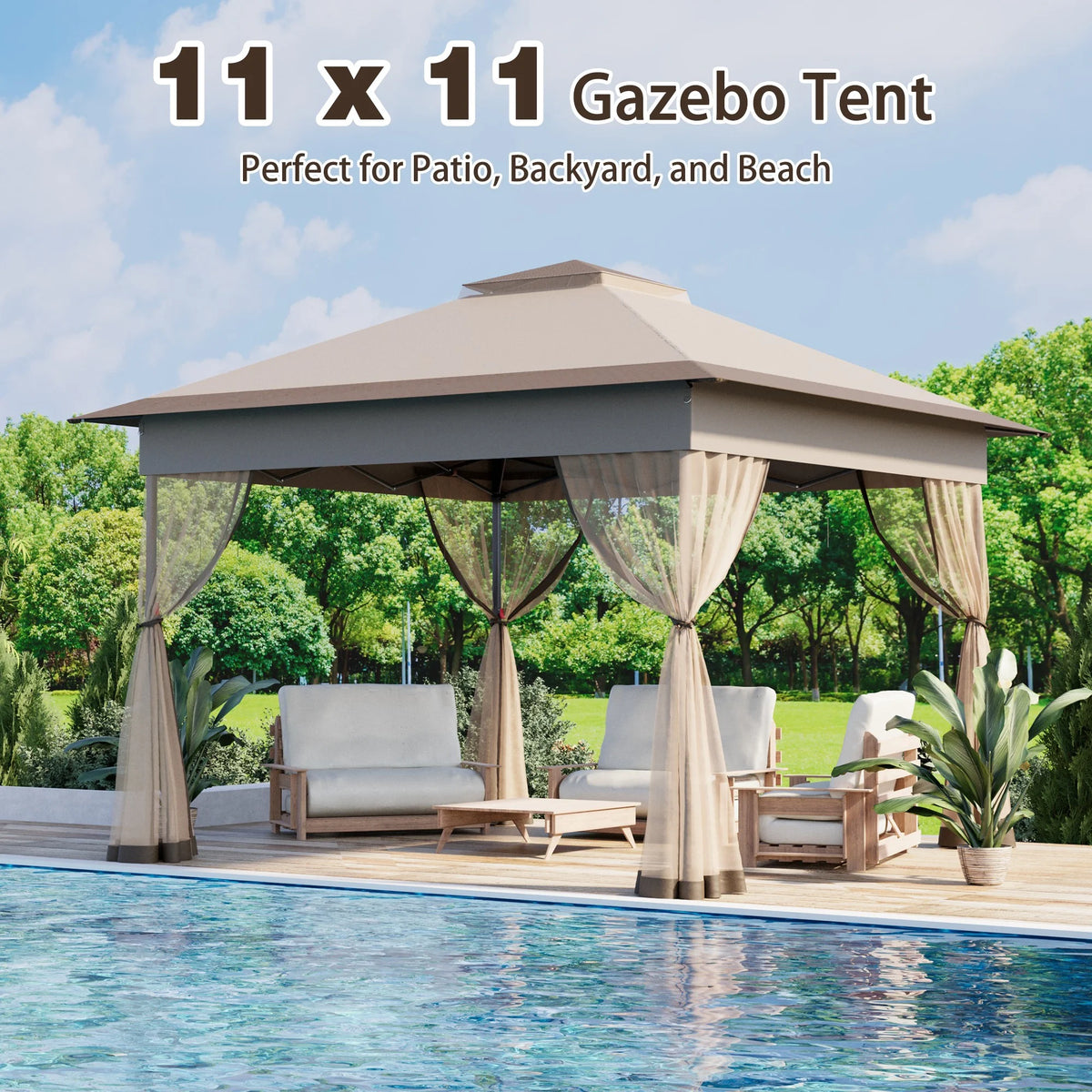 Bezseller 11x11 Pop up Gazebo, Outdoor Waterproof Canopy Tent with Mosquito Netting for Outdoors, Khaki
