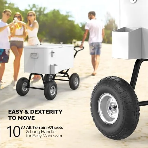 80 Quart Wagon Rolling Cooler Ice Chest, /Long Handle and 10" Wheels, Portable Beach Patio Party Bar Cold Drink Beverage, Outdoor Park Cart on Wheels