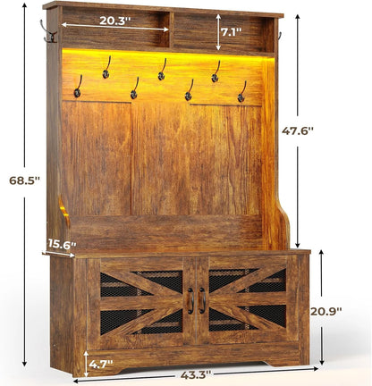 Hall Tree with Bench and Shoe Storage, 5-in-1 Entryway Bench with Coat Rack, 10 Shoe Cubbies & 9 Coat Hooks, Barn Door & Adjustable Shelf, Rustic Brown