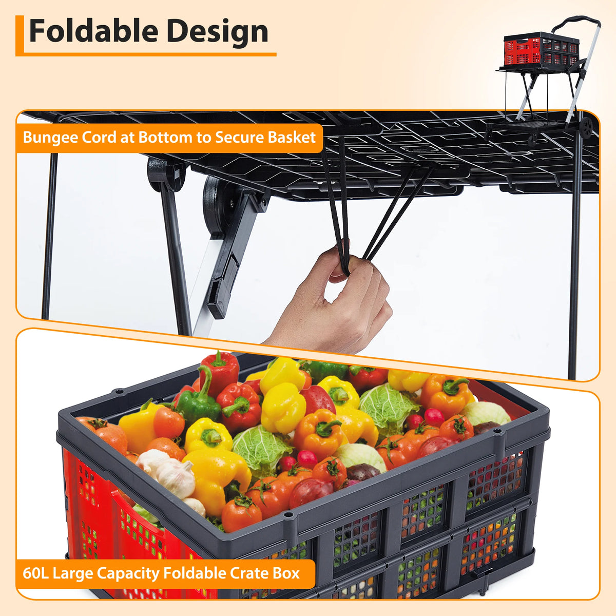 Garvee Foldable Shopping Cart for Groceries, 2-Tier Collapsible Utility Carts with Wheels & Removable Storage Crate, Aluminium & PP, Portable for Supermarket & Home Use