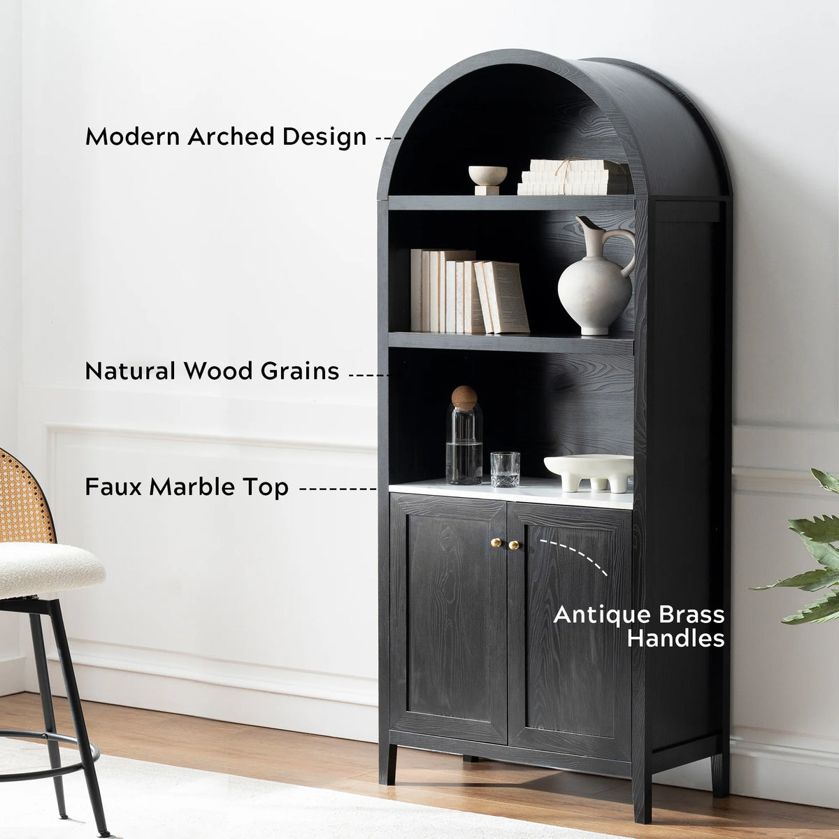 EYYTHUNG 71" Tall Arched Cabinet Modern Farmhouse 5-Tier Arched Bookcase Storage Display Cabinet with Faux Marble Top, Natural Oak