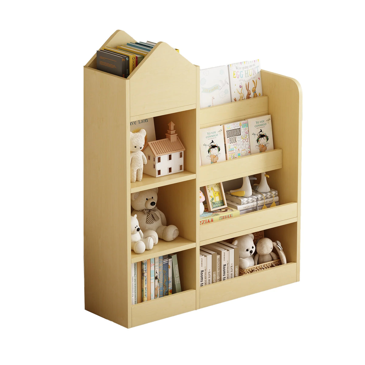 PORKISS Bookshelf for Kids, Wood Kids Bookcase with Toy Storage Organizer, Freestanding Book Shelf with 6 Compartments and 2 Baskets Bins for Kids Bedroom, Nursery, Playroom, Natural