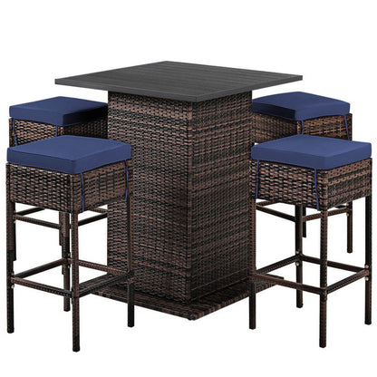Kadyn Patio Conversation Table Chair Set, Outdoor Collection Set, 5 Pieces Patio Rattan Bar Table Stool Set Hidden Storage Shelf Cushioned-Navy