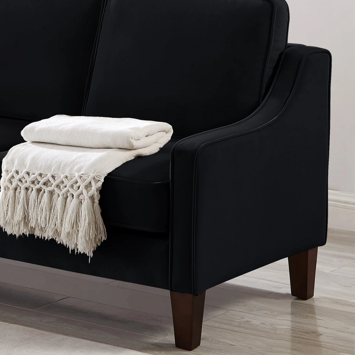 Living Room Sofas Modern 3 Person seat Sofa Couch with Scooped Armrest/Wood legs,Upholstered Velvet 3-seat Sofa with Removable Cushions for Livingroom Bedroom,Black,Comfortable Sofas