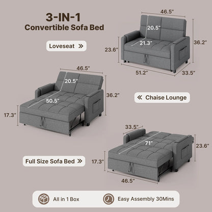 Sofa Bed, Lofka 3-in-1 Convertible Sleeper Sofa with Storage, Adjustable Backrest & Pull Out Function - Sleeper Chair for Small Space, Apartment, Dark Grey