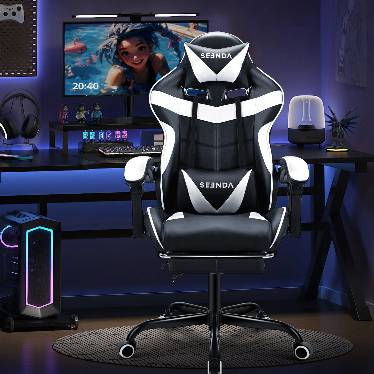 Gaming Chair, Seenda Video Game Chair with Footrest and Lumbar Support, Ergonomic Computer Chair Height Adjustable with Swivel Seat and Headrest, Red