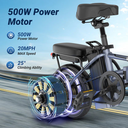 AOVOPRO EB60 Electric Bike 500W 48V, 14' Mini Ebike for City Commuter, Folding Electric Bicycle for Adult with Two Seats UL2849
