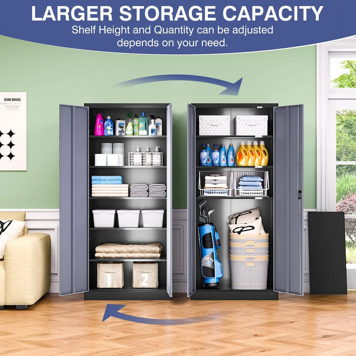 Fesbos Metal Garage Storage Cabinet,71" H Tall White Cabinet with 2 Doors and 5 Adjustbale Shelves,Lockable Tool Cabinet for Garage, Basement, Home Office