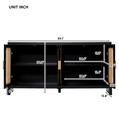 Modern Rattan Sideboard Buffet Cabinet, Kitchen Storage Cabinet, Living Room TV Stand for TVs up to 65", Entertainment Center with Adjustable Shelf, for Dining Living Room Hallway, White