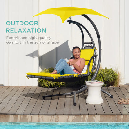 Best Choice Products Hanging Curved Chaise Lounge Chair Swing for Backyard, Patio w/ Pillow, Shade, Stand - Teal
