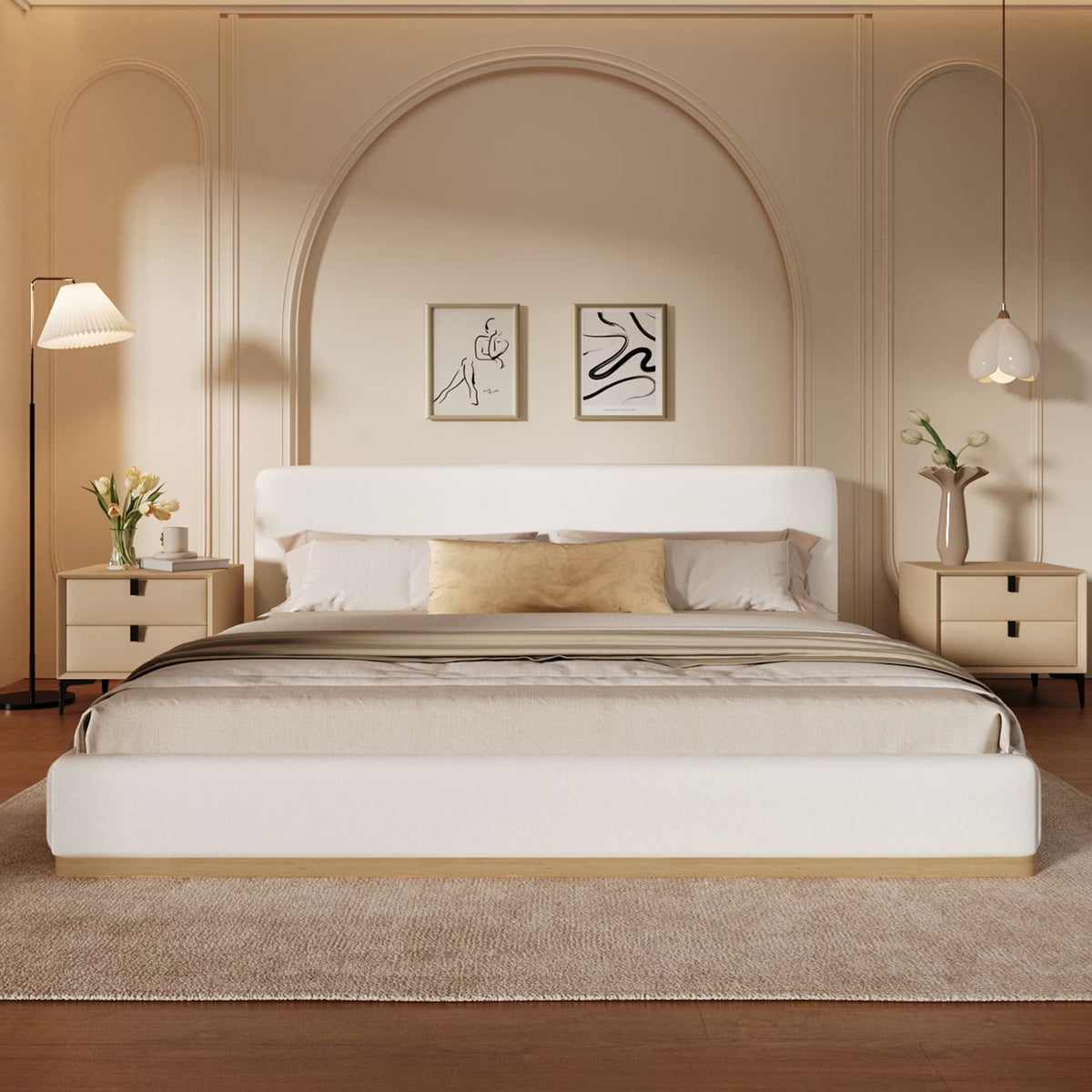 Christopher Knight Home Queen Bed with Velvet Upholstery, Solid Wood Platform, Padded Headboard, White