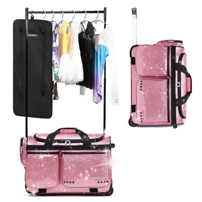 Dance Bag with Garment Rack,23"Glitter Rolling Dance Competition Bag with Organizer Bag, Collapsible Dance Travel Bag Suitcase for Dancers Performer Artist,Pink