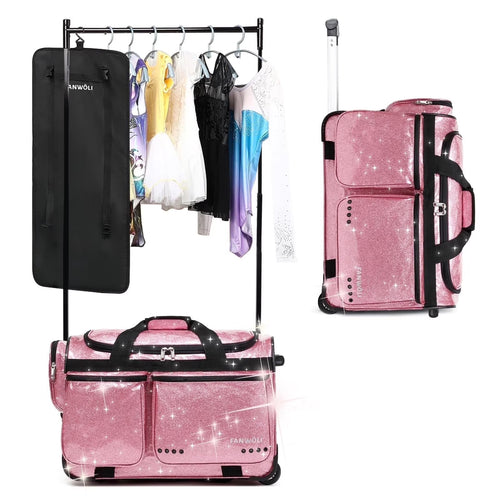 Dance Bag with Garment Rack,23"Glitter Rolling Dance Competition Bag with Organizer Bag, Collapsible Dance Travel Bag Suitcase for Dancers Performer Artist,Pink