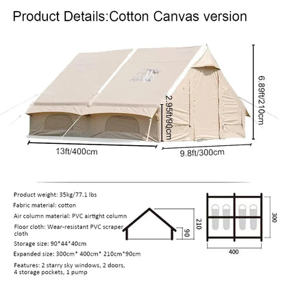 9.8' x 7' Inflatable Camping Tent,4 Season Blow up Tents for Camping, 4-6 Person Inflatable Tent with Stove Jack,Air Tents,Glamping Tent,Waterproof Luxury House with Mesh Window