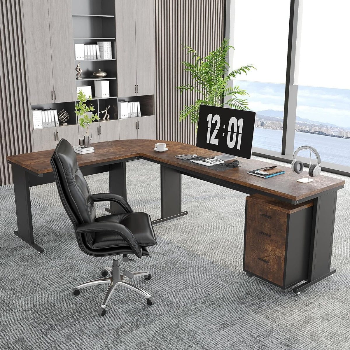 83" L-Shaped Executive Desk, Large L Office Desk with 3-Drawer Mobile File Cabinet, Business Furniture Desk Workstation Brown