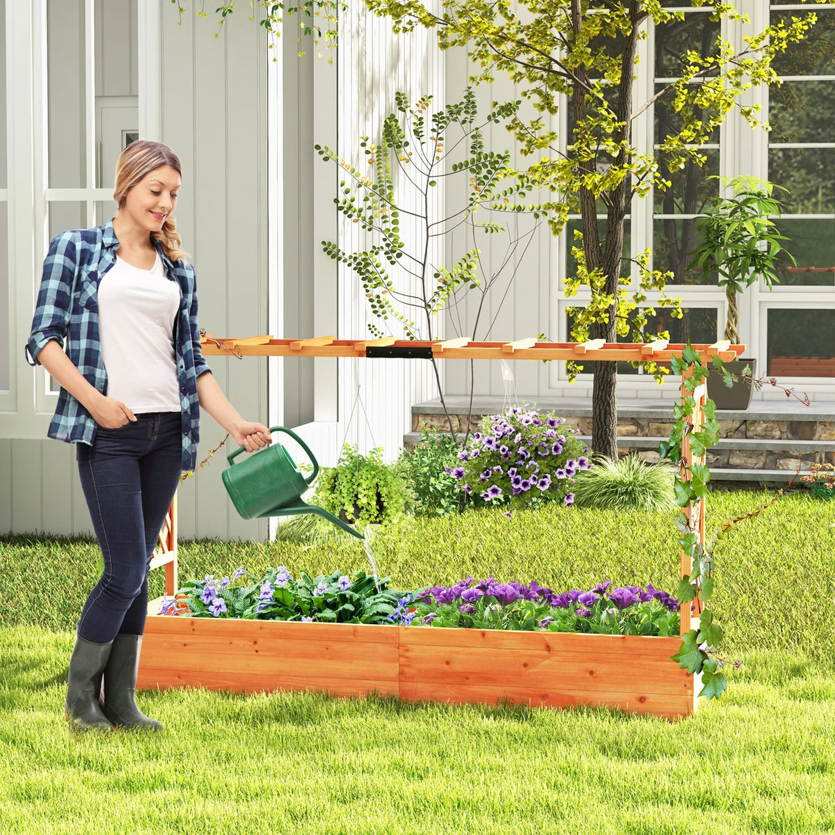 Costway 1 PCS Raised Garden Bed with Trellis Hanging Roof Planter Box Drainage Holes for Patio