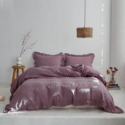 Simple&Opulence 100% Washed Linen Duvet Cover Set-3 Pieces Shabby Chic Premium Ruffled Bedding with 1 Comforter Cover and 2 Pillowshams France Flax High End Frill Sets Vintage Style(King, White)