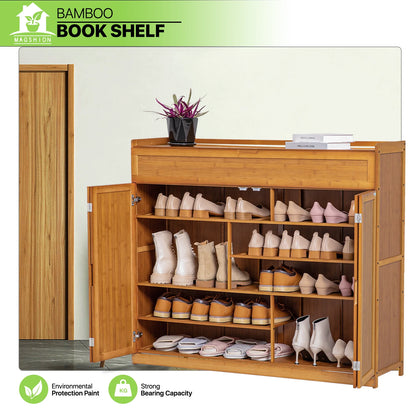 Magshion Bamboo 6 Tier 30 Pairs Shoe Organizer Cabinet with Folding Door Compartment Heels Boots, Brown, for Home