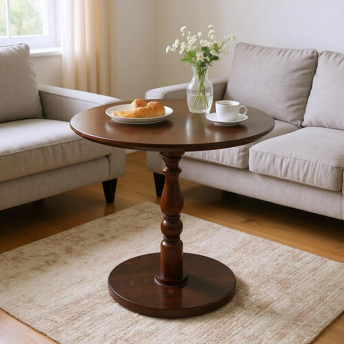 Homy Casa Round Wooden Dining Table for Cozy Living Room Coffee Corner, Walnut