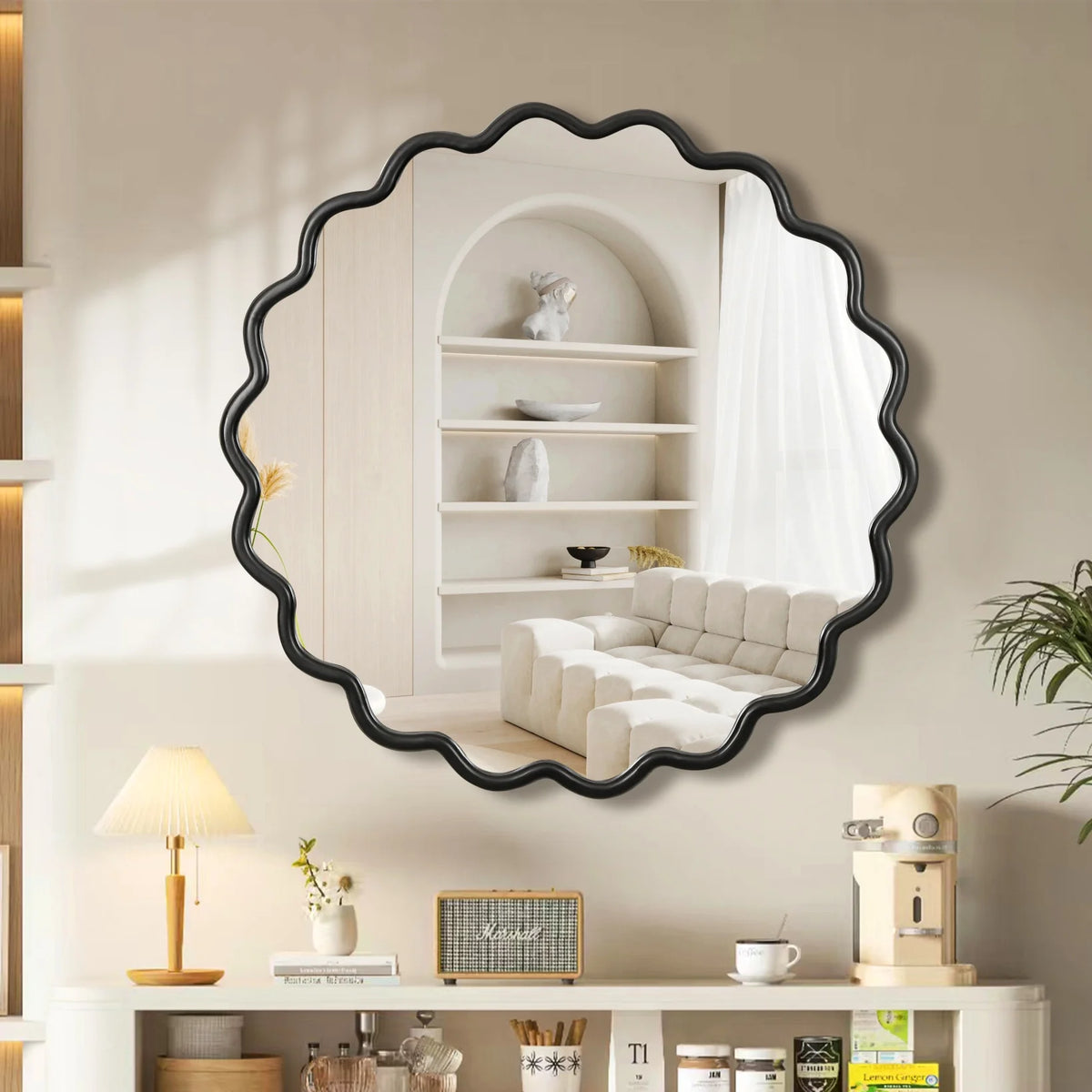 Solid Wood Wavy Frame Modern Mirror - 40x28 Inches Durable Farmhouse Wall Decor for Bathroom, Living Room & Entryway with Easy Install