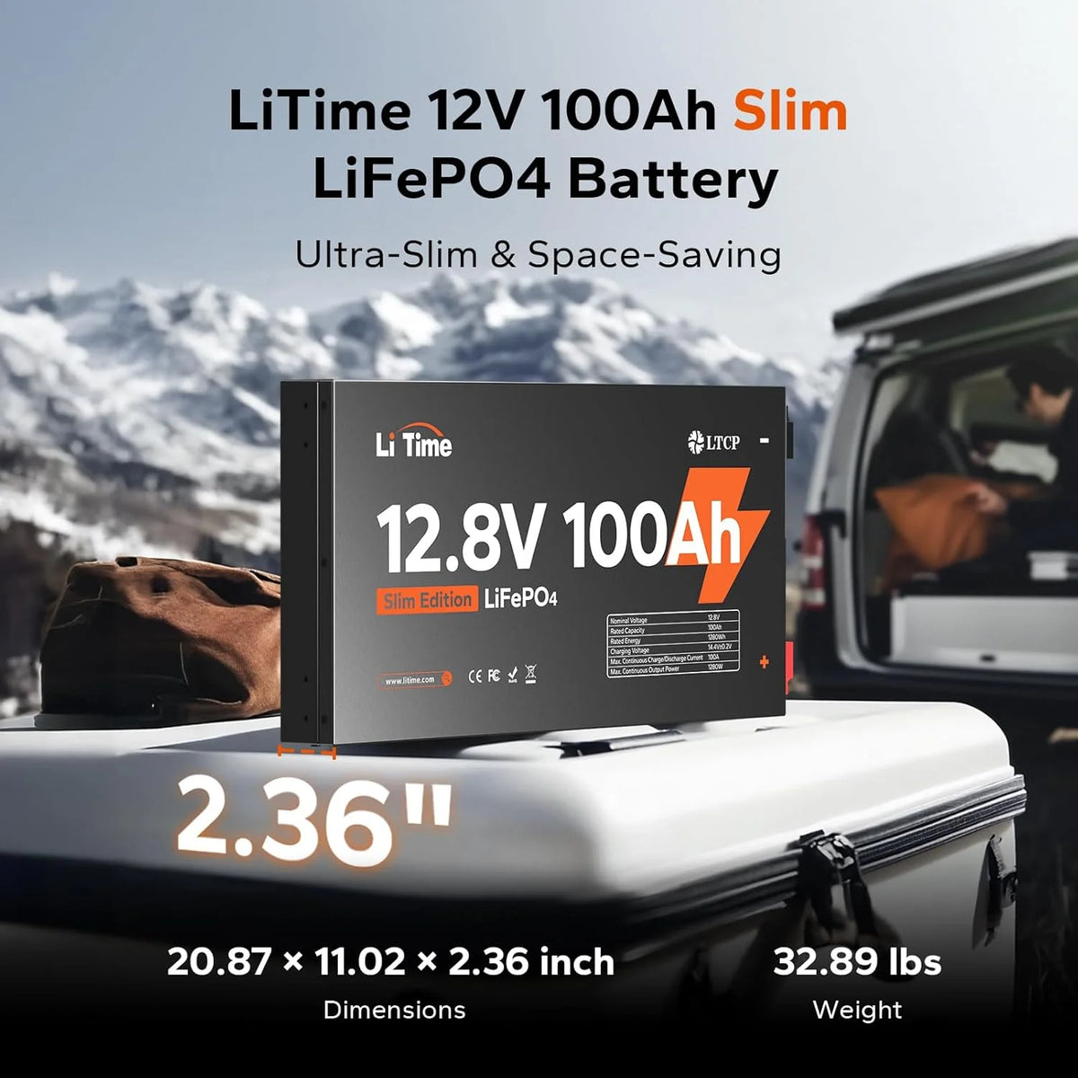 LiTime 12V 100Ah Slim LiFePO4 Battery-2.36" Ultra-Thin Design, Built-in 100A BMS with Low-Temp Protection, Fits into Tight Spaces, Ideal for RV, Solar & Marine Use