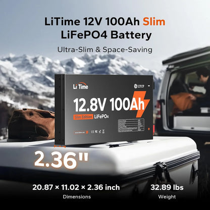 LiTime 12V 100Ah Slim LiFePO4 Battery-2.36" Ultra-Thin Design, Built-in 100A BMS with Low-Temp Protection, Fits into Tight Spaces, Ideal for RV, Solar & Marine Use