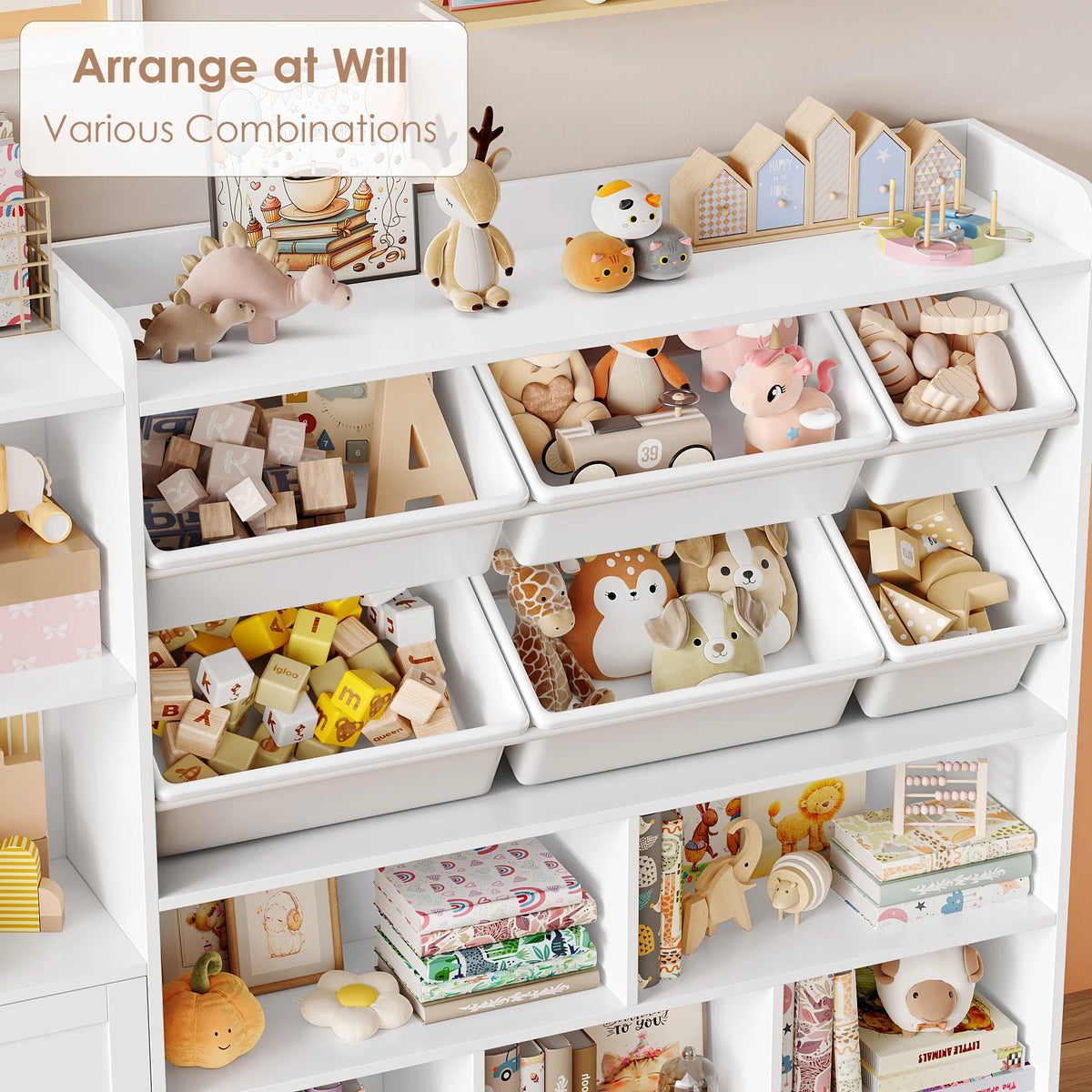Hiphuta 55"In Kids Bookcase with Toy Storage Organizer, Wood Cube Bookcase Toy Chest of 8 Compartments & 6 Movable Bins, Bookshelf for Kids Bedroom, White