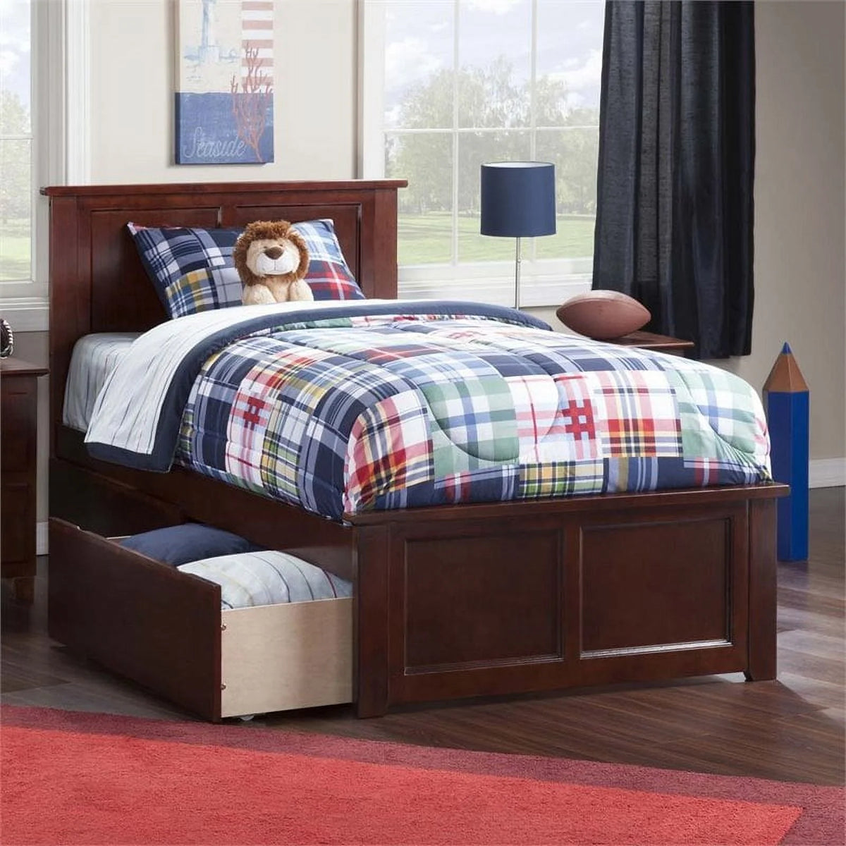 Leo & Lacey Farmhouse Solid Wood Urban Twin Storage Platform Bed in Walnut