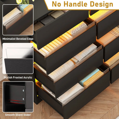 9 Drawer Dresser for Bedroom with Power Outlet, 63" Large Dresser with LED Light, Wooden Dresser For Closet, Chest of Drawers with Raised Edges