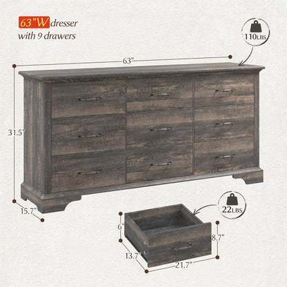 EnHomee Wood Dresser for Bedroom 9 Drawer Dressers&Chest of Drawers 63"L x 15.7"W x 31.5"H,Brown