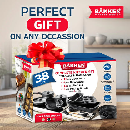 Bakken Master 38 Piece Granite Cookware and Bakeware Set �C Nonstick Granite Coating, Pots and Pans with Detachable Handles and Tempered Glass Lids, 6-piece Bakeware set, 12-piece Mixing Bowls,Brown