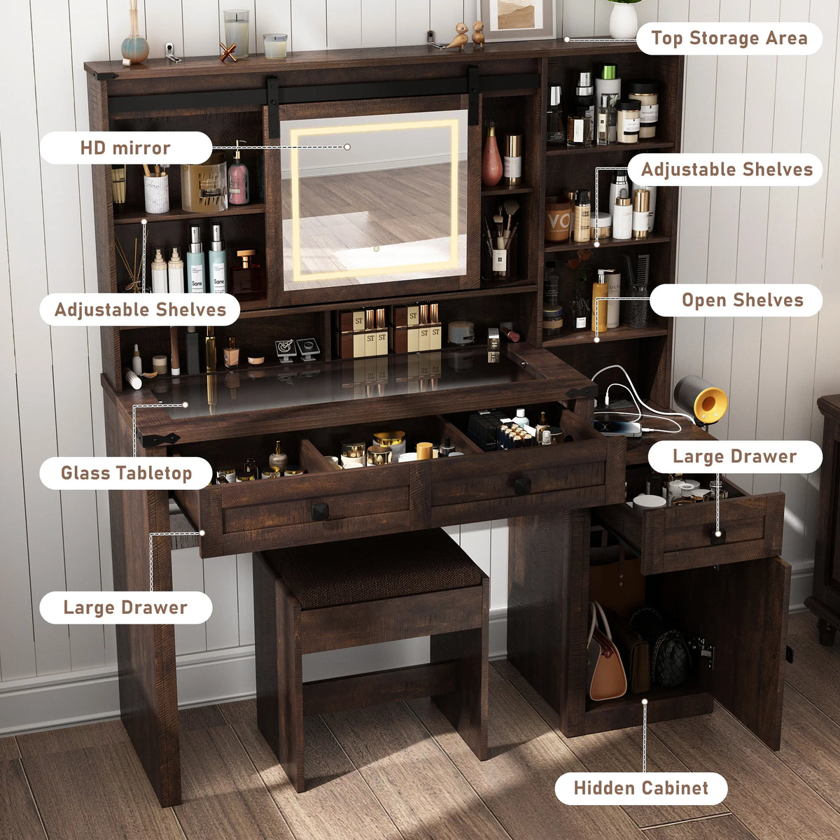 Blotout 47.2" Farmhouse Rustic Makeup Vanity Desk with Sliding Mirror and Lights, Glass Top Vanity Set with Charging Station & 3 Drawers & 1 Cabinet & Stool, Big Vanity (White)