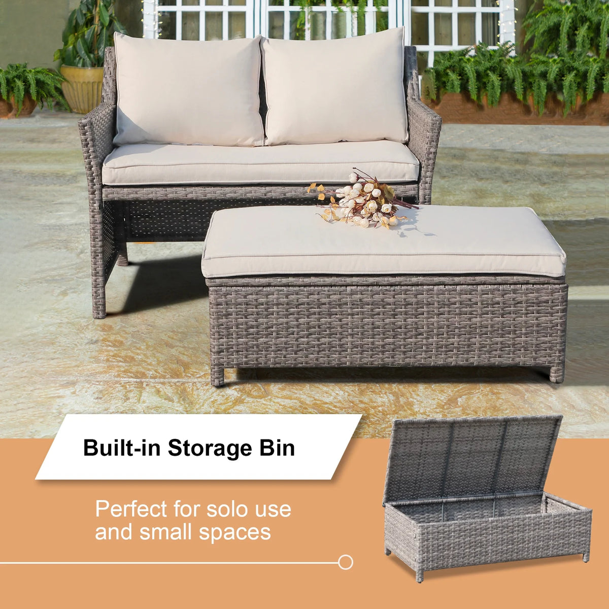 Outdoor Wicker Love Seat and Coffee Table Set, Weather Resistant Grey Rattan, Patio Furniture with Gray Cushions & Storage Bin