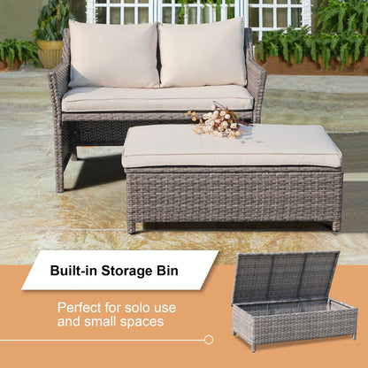 Outdoor Wicker Love Seat and Coffee Table Set, Weather Resistant Grey Rattan, Patio Furniture with Gray Cushions & Storage Bin