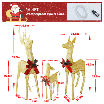 VEIKOUS Christmas Lighted Deer Family Set Outdoor Decor w/ 200 Warm Lights Reindeer Christmas Decor, Ground Stakes and Zip Ties, Gold