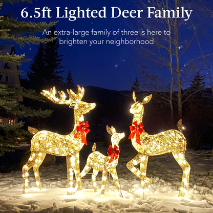 Best Choice Products 6.5ft 3-Piece Lighted Christmas Deer Set Outdoor Yard Decoration w/ 385 LED Lights, Stakes - Gold