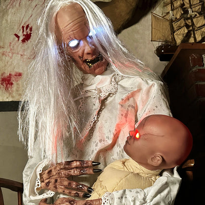 Haunted Hill Farm 2.9 ft Animatronic Gravely Granny by Tekky Halloween Decoration with Motion-Activated Sounds, HHGRVLYGRNY-1FLSA