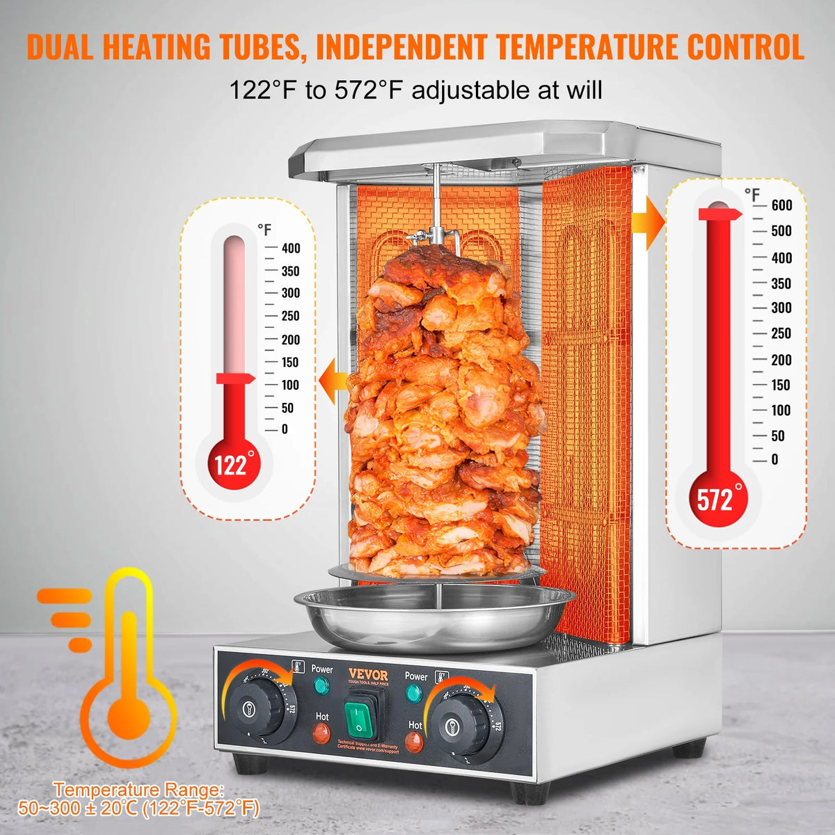 KFFKFF Electric Vertical Chicken Grill Machine Countertop BBQ Rotisserie Stainless Steel Body with 2 Burners for Restaurant Dinner Home Kitchen